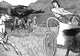 A black and white sketch of a chariot race in the Ancient World.  One charioteer is turning his head towards the chariot behind him.